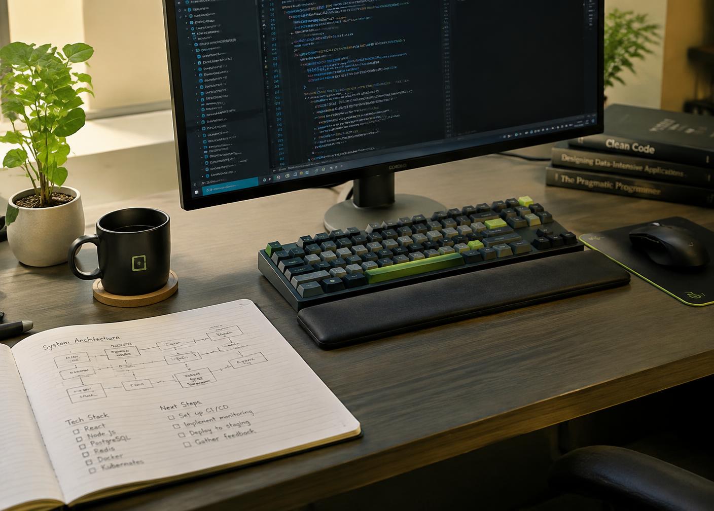 Engineer's desk with code editor on a monitor and a notebook showing a hand-drawn system architecture